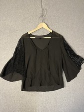 Womens Black Silk Blouse Sz 4 XS S V Neck Crochet 3/4 Sleeve Boho LEYENDECKER