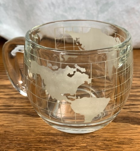 Nestle Nescafe Clear Etched Glass World Globe Map Coffee Tea Mug with Handle