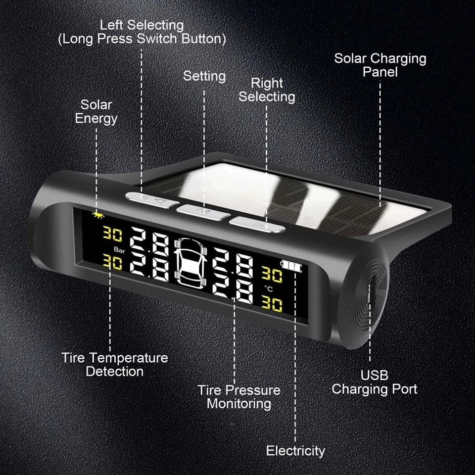 Solar Power TPMS Car Tire Pressure Alarm Monitor System Tyre Pressure Security  - Image 4 of 4