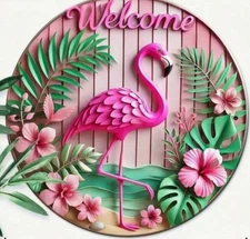 WELCOME Metal Sign  FLAMINGO Wreath Center   All Weather   8 x 8