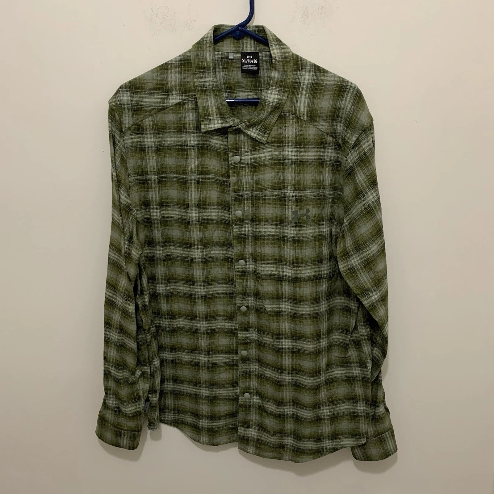 Under Armour Mens XL Long Sleeve Green Flannel Shirt Logo Snap Button Comfy