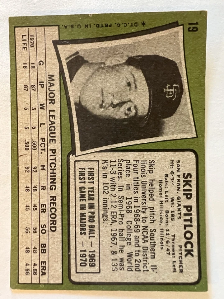 Mid-Grade 1971 Topps #19 - S.F. GIANTS LHP  SKIP PITLOCK              71087 - Image 2 of 2