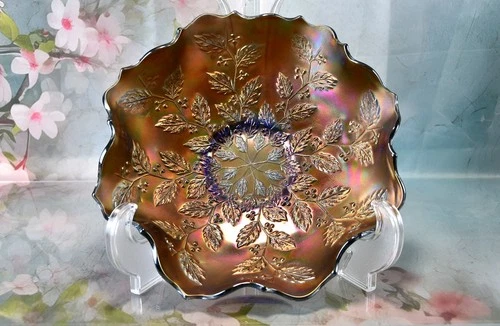 Vintage Fenton Cobalt Carnival Glass Holly Berry Ruffled Bowl 9.25”~GORGEOU