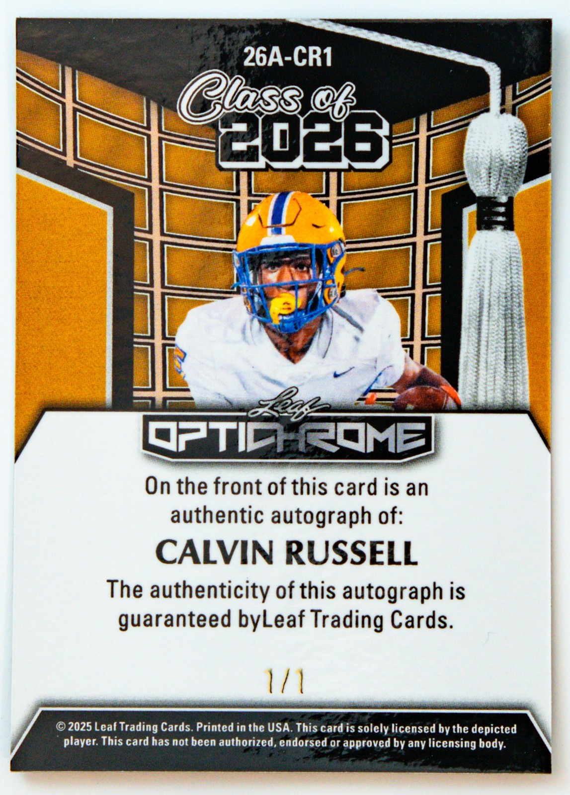 Calvin Russell Auto 1/1 2025 Leaf Optichrome Football Class of 2026 Syracuse view 2