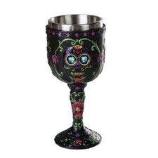 Day of the Dead Celebration Black Sugar Skull Floral Design Collectible Wine Go