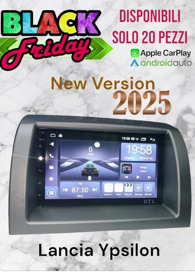 AUTORADIO DOPPIO DIN 7 ANDROID 13  COMPLETO PER LANCIA Y   4 GB 64 RO  CARPLAY - Immagine 2 di 4