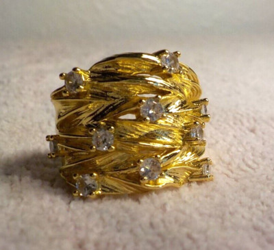 GOLDTONE WIDE FASHION RING/BAND W/10 CLEAR CRYSTALS SIZE 7 WT 9.49 GMS