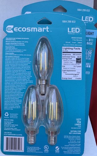EcoSmart LED Light Bulbs 60W Candelabra Dimmable Clear Daylight 2 Packs Of 3 - Picture 2 of 2