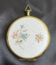 VTG Zell Fifth Ave Powder Compact Pocket Watch Style Brass Enamel Guilloche 2.5”