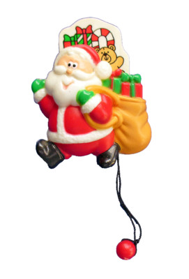 Russ PIN Christmas Vintage SANTA Pull String POP UP Toy SACK 1980s Brooch MINT