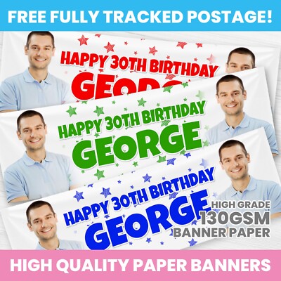 PERSONALISIERTES FOTO GEBURTSTAG BANNER BELIEBIGER NAME PARTY DEKO BLAU GRÜN ROT
