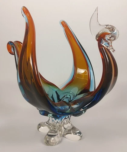 Murano Glass Sommerso Bird Sculpture Dish Figurine Cadmium Glow Large 12" Vtg