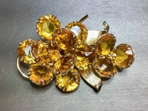 Vintage Citrine-Colored Rhinestone Gold Plated Costume Brooches Pins Jewelry