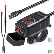 6.8A Motorcycle USB Charger, QC 3.0 Dual Port, Voltmeter, Switch, SAE, Red