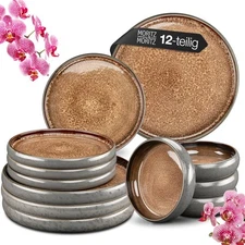 Solid 12-Piece Stoneware Dinnerware Set for 4 | Plate and Bowls Set with 4 Di...