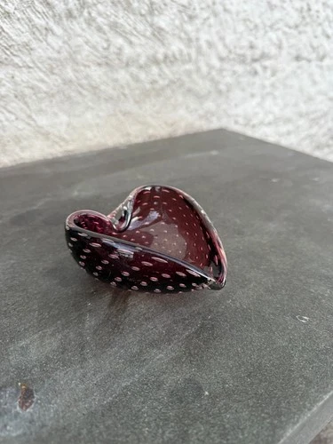 Vintage Murano Bullicante Bubbles Amethyst Purple Glass Heart Leaf Ashtray Bowl