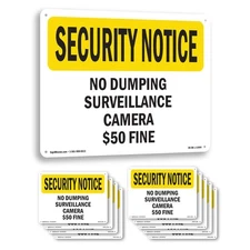 No Dumping Surveillance Camera $50 Fine OSHA Security Notice Sign - 5 or 10 Pack