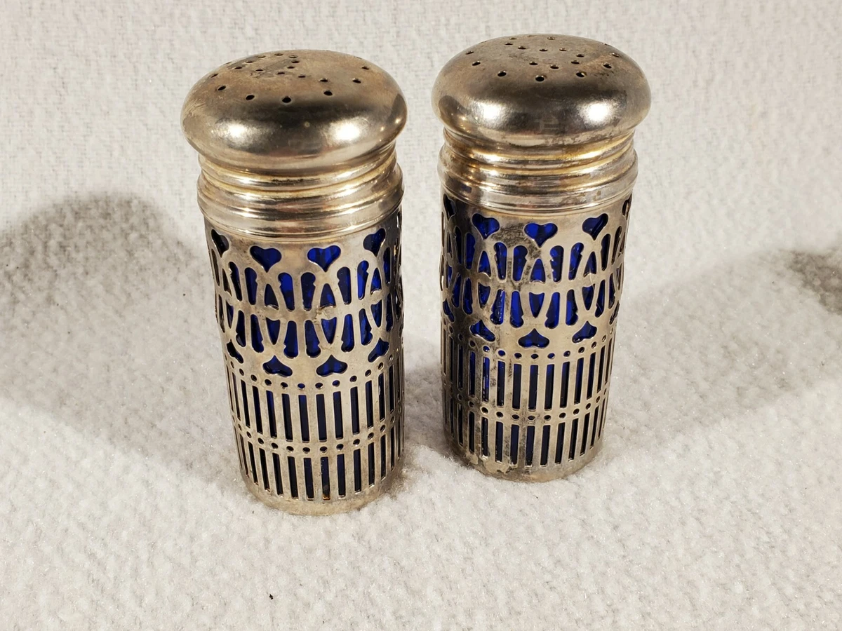 Vtg Silver Cobalt Blue Salt Pepper Shakers Silver Plate Filigree UK Patent