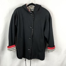 Vintage Jofeld Coat Women Large Black White Accent Trim Hooded New England Retro