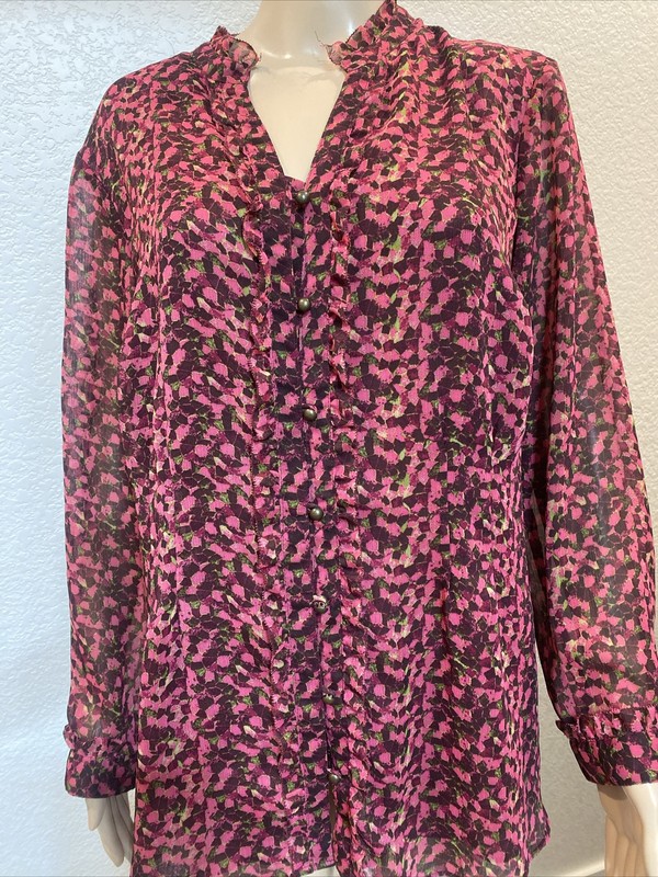 Coldwater Creek Pink Semi Sheer Ruffle Blouse Long Sleeve Womens XLarge 16- 017