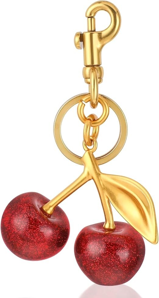 Cute Glitter Cherry Resin & Brass Keychain Charm for Bags