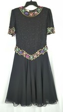 VTG Lawrence Kazar Black Beaded Maxi Dress Beaded Bodice Chifon Skirt Size Small