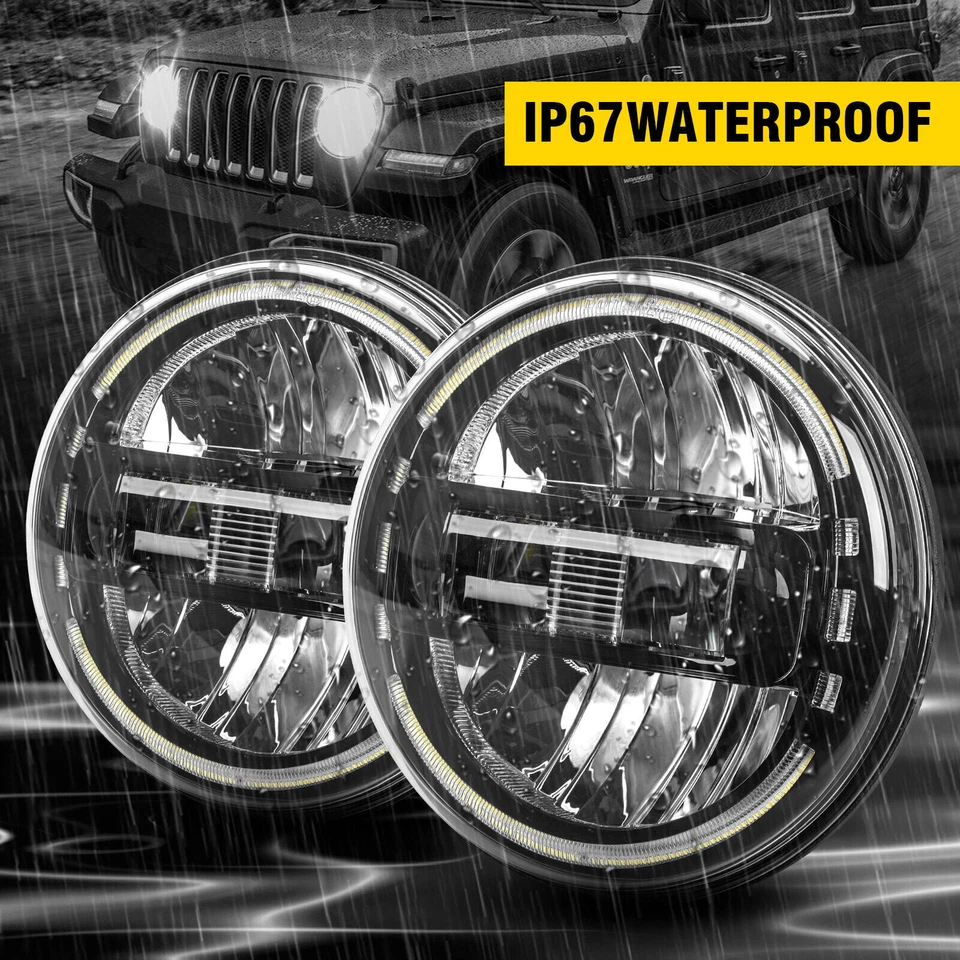 LED Headlights Halo DRL For Jeep Wrangler JK TJ CJ LJ Emark  7" inch Round LHD - Image 4 of 4