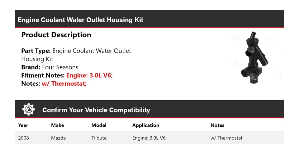 Kit de carcaça de saída de água líquido refrigerante motor Mazda Tribute 3.0L V6 2008 4 estações - Imagem 2 de 4