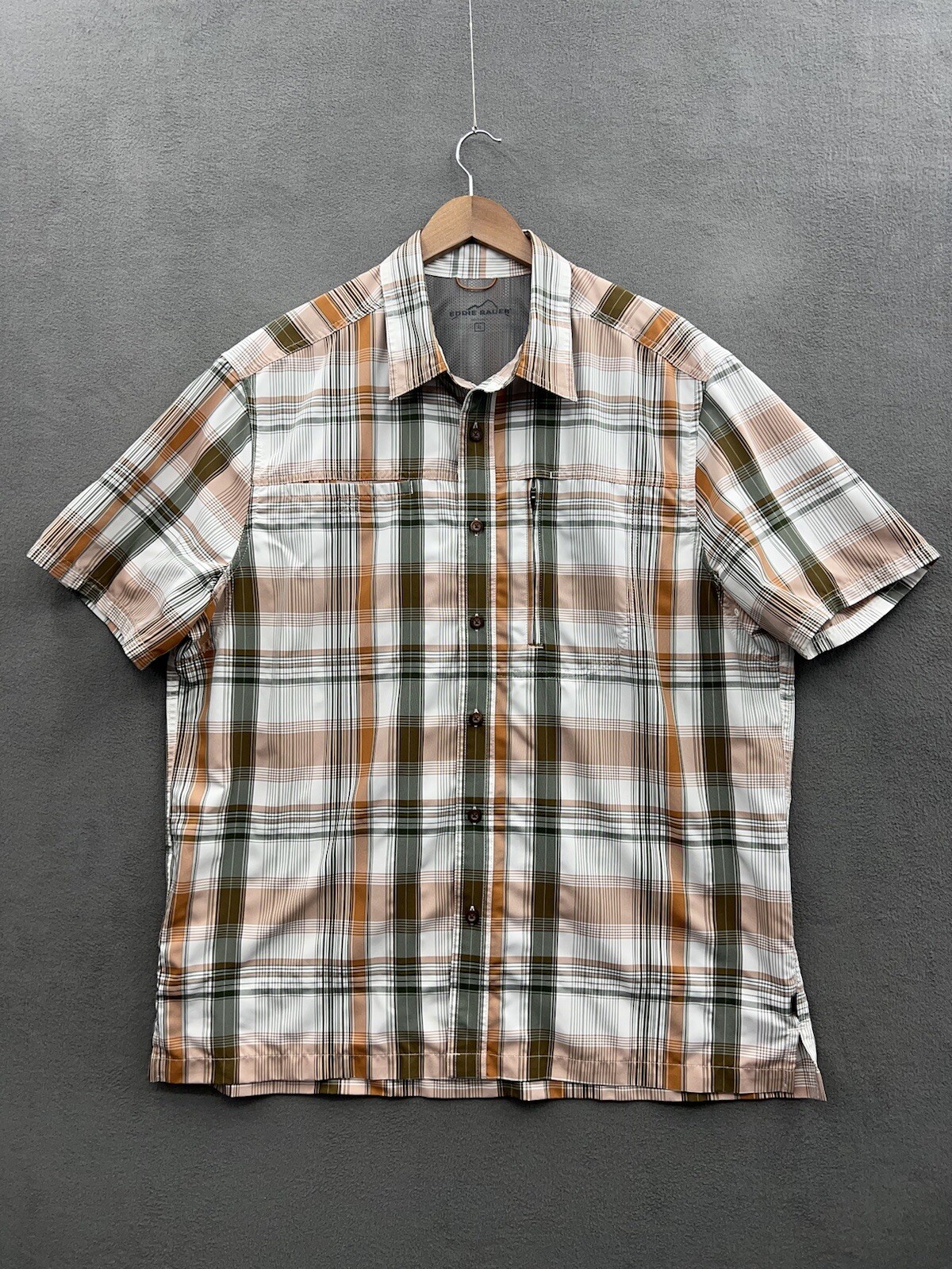 Eddie Bauer Shirt Mens XL Orange Green Cream Plaid Short Sleeve Button Up