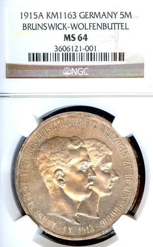 German States Brunswick-Wolfenbuttel 1915 5 Mark Coin Thaler Taler NGC MS 64 STG