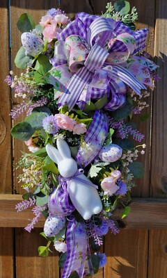 Lavender Easter Bunny Teardrop Swag, Spring Swag, Easter Eggs, Door Wreath