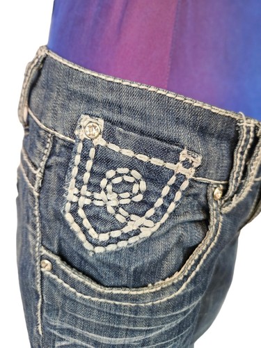 Seven7 Medium Wash Flare Denim Jeans White Stitching Size 28 Women's O80 - Picture 7 of 13