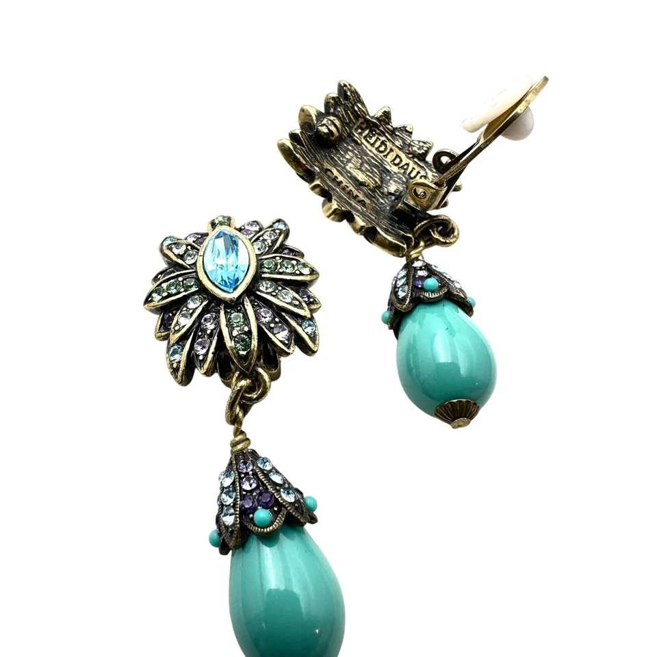Heidi Daus Multicolor Crystal Turquoise Bronze Clip Earrings Chandelier 2 Inch - Image 3 of 3