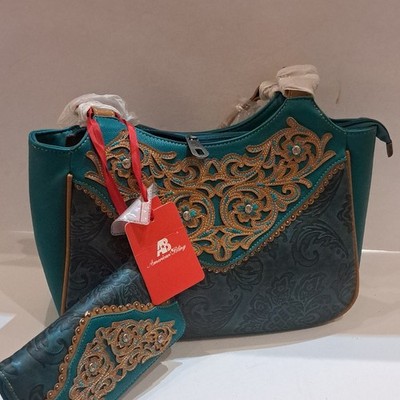 American Bling Women s Teal Western Floral Shoulder Bag Zip Studded + Coin Purse