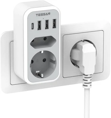 TESSAN Mehrfachsteckdose 4 USB Netzstecker Doppelstecker USB C 2Fach Steckdosenadapter