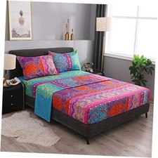 Bohemian Retro Bedding Sheet Set,1 Fitted Sheet, 1 Flat, 2 Pillow Full Red