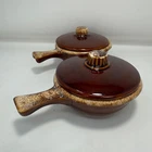 Vtg 60s Hull Oven Proof Brown Drip Glaze Soup Bowl & Lid Set Of 2