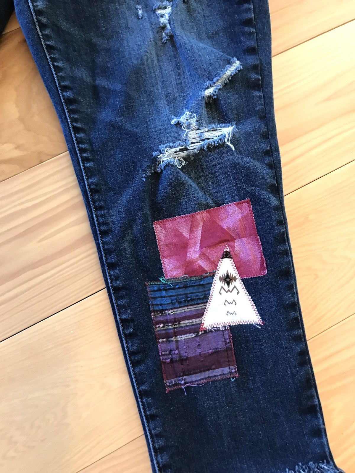 Upcycled Aztec Patchwork Jeans, Distressed Croppe… - image 9