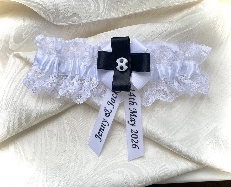 PERSONALISED FOOTBALL TEAM THEMED WEDDING GARTER BLACK AND WHITE COLOURS - Image 2 of 4
