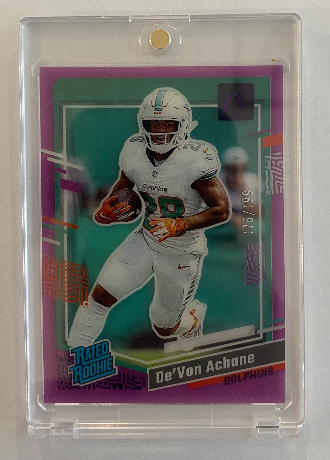 2023 Panini Clearly Donruss - Rated Rookie De'Von Achane #59 Purple /199 (RC)
