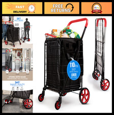 Large Folding Utility Shopping Cart - Heavy Duty, 360 Swivel Wheels, 110 lb Cap