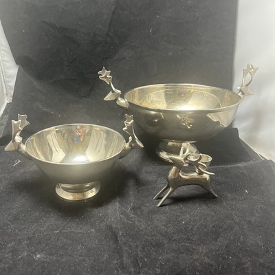 Crate And Barrel Silver Double Headed Reindeer Pedestal Bowl Christmas 6  & 9 