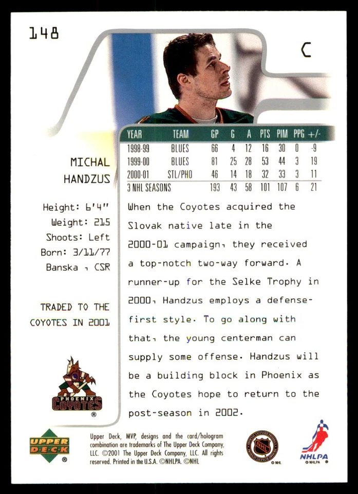 Michal Handzus 2001-02 Upper Deck MVP #148 Coyotes NHL READ FREE SHIPPING - Image 2 of 2