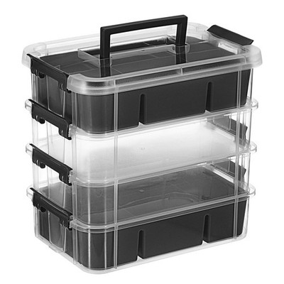 JUXYES 4Tiers Stack Carry Storage Box With 2 Divided Tray, Transparent Stacka...
