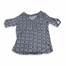 PerSeption Concept Womens Blue White Medallion Zip V-Neck Blouse Small 112159