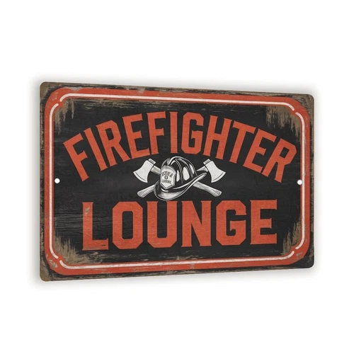 Firefighter Lounge Vintage Tin Metal Signs – Rustic Fire Helmet And Axes Wall De