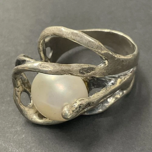 Vintage Sterling Silver Abstract Pearl Made In Israel Size 8 Ring 10 Grams