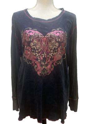 Women Black Cotton Dark Romance Grunge Burnout Pink Floral Heart 3X Top Red Trim