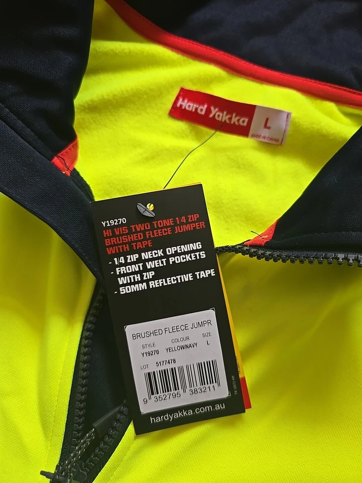 Hard Yakka Hi Vis 2Tone 1/4 Zip Brushed Fleece Jumper W/Tape Y19270 FREE EXPRESS - image 2 of 2