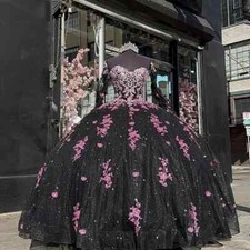Black Princess Quinceanera Dresses Pink Lace Appliques Prom Ball Gowns Sweet 16